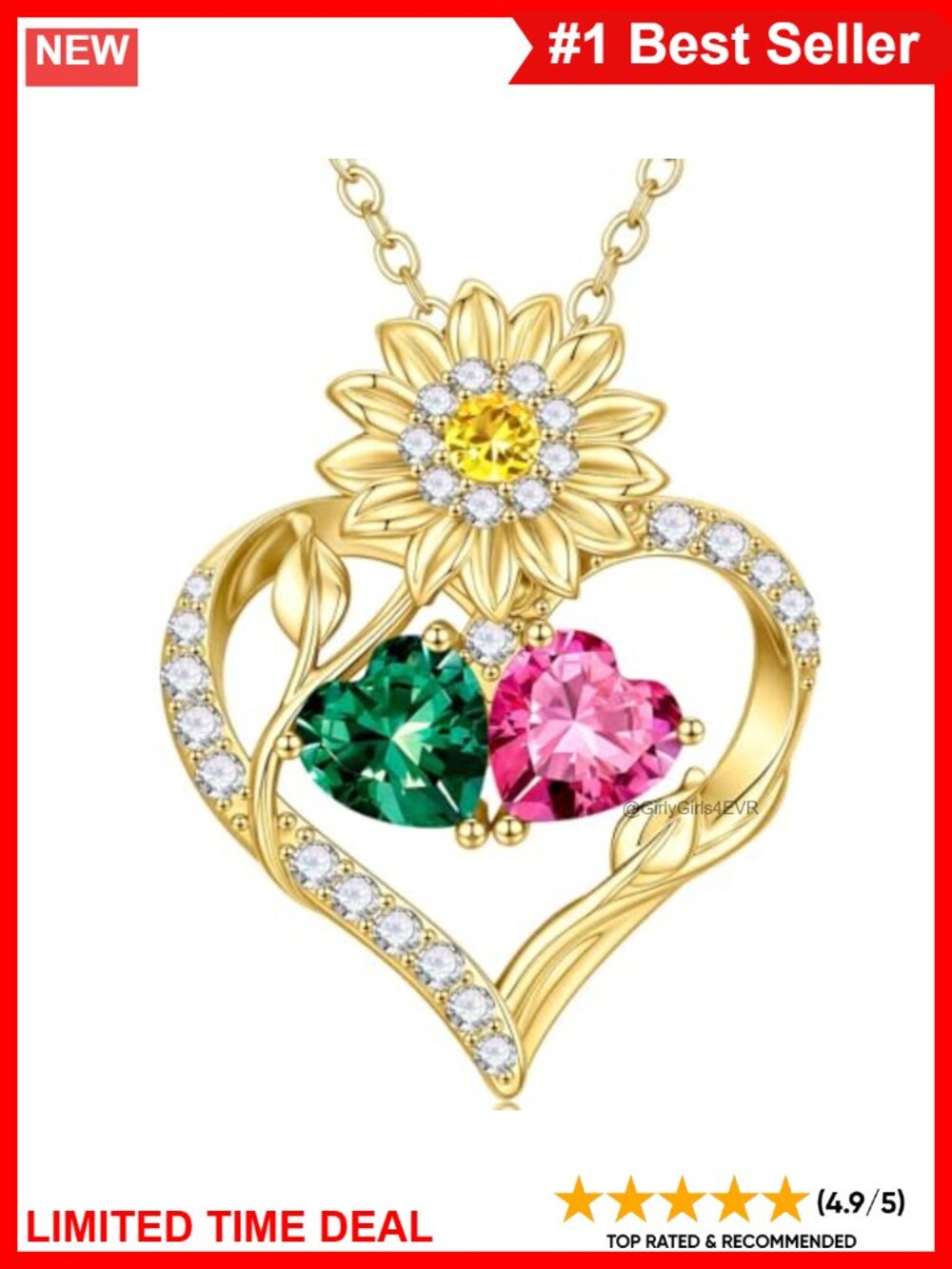 14k Gold Plated Sunflower Double Birthstone Necklace Cubic Zirconia Gift